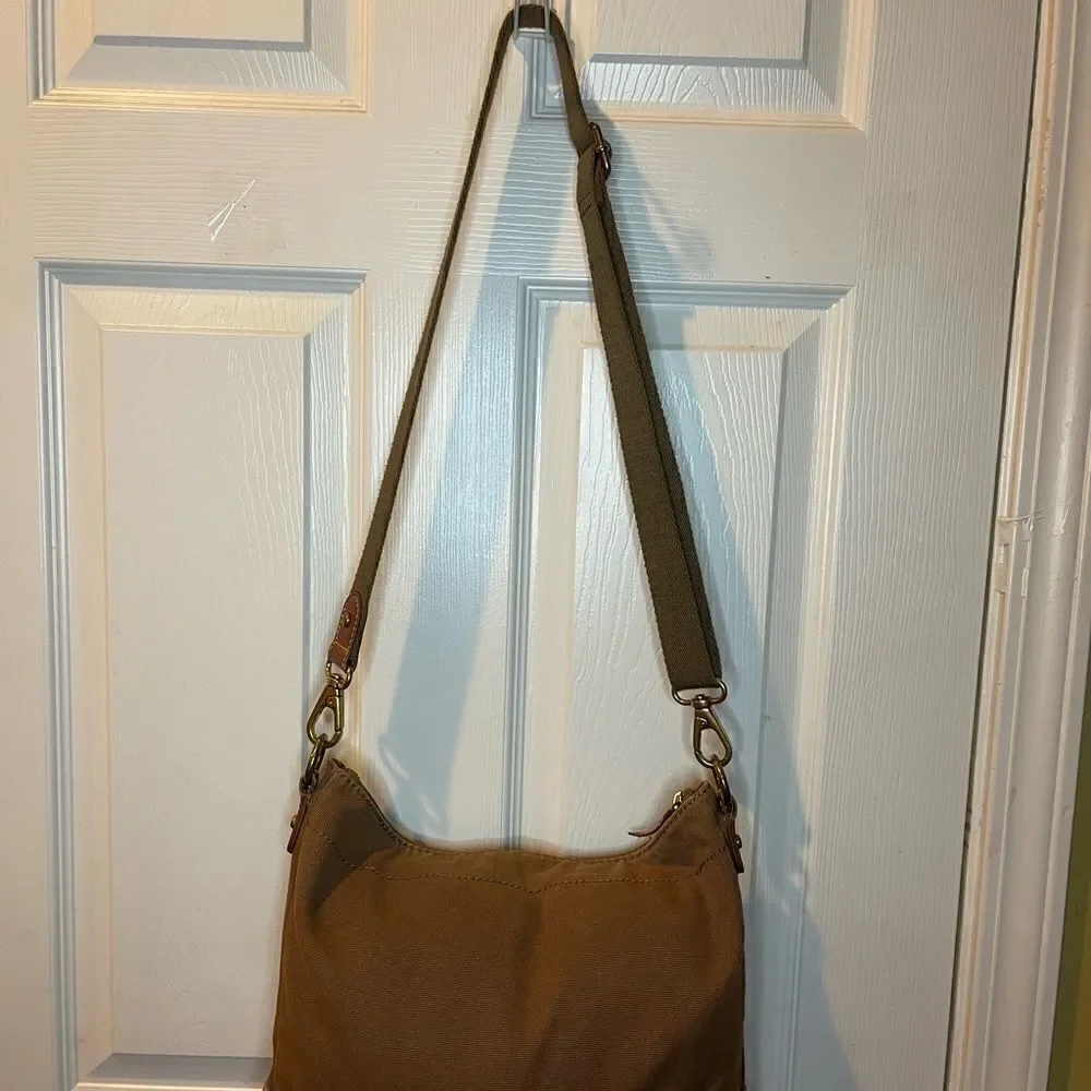 Fossil Brown canvas and yellow mustard suede medium shoulder/crossbody bag .